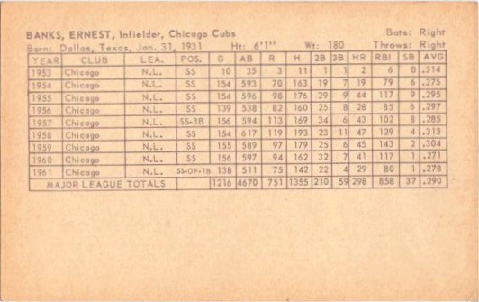 1962 EXHIBITS ERNIE BANKS--WITH STATS ON BACK